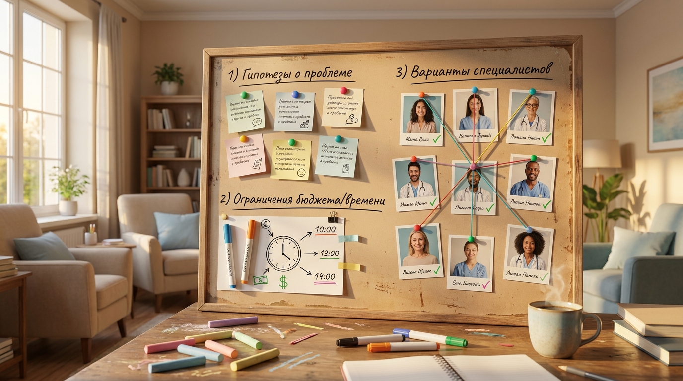 Инфографика с шагами выбора психотерапевта: гипотезы, ограничения, варианты на доске