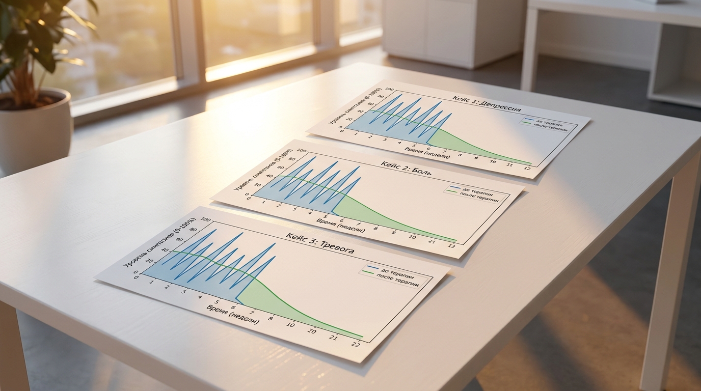 График успеха трех кейсов: графики снижения симптомов до и после терапии