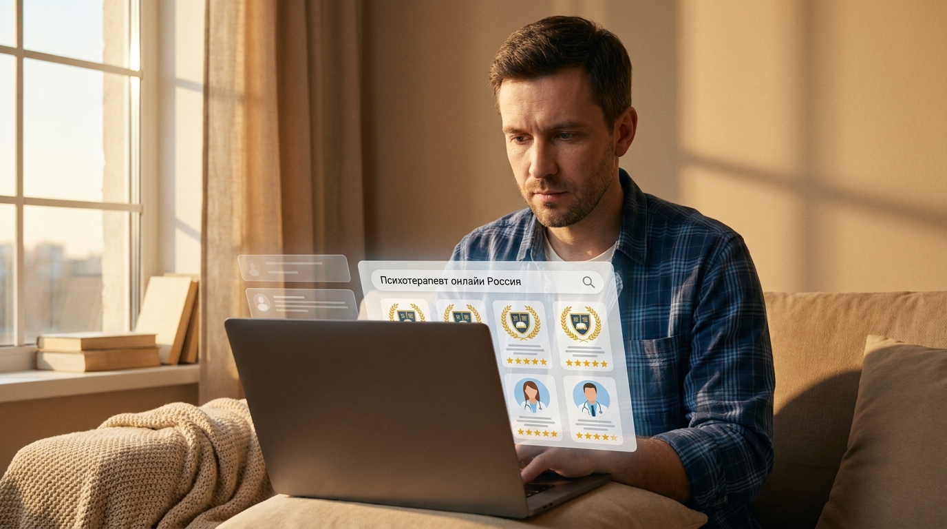 Человек за компьютером ищет психотерапевта онлайн в России, окруженный иконками дипломов и отзывов