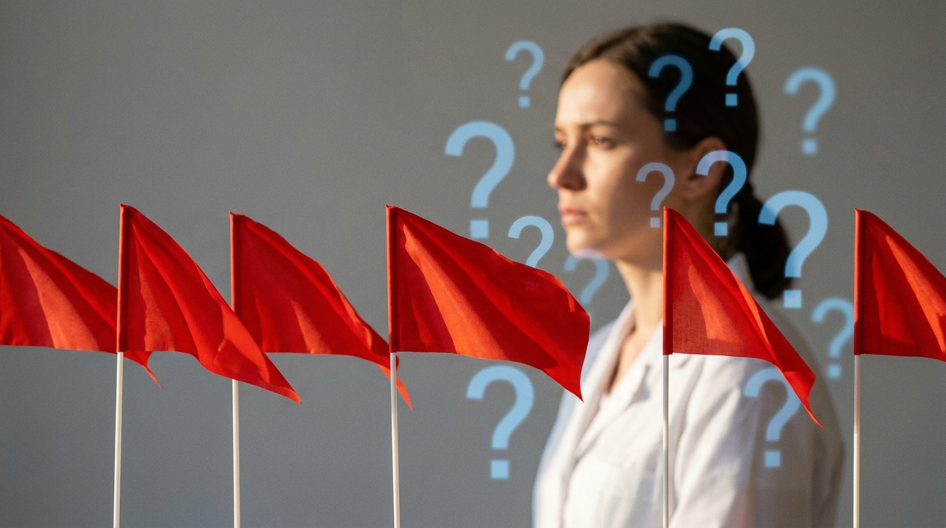 Серия красных флажков на фоне профиля психотерапевта с вопросительными знаками