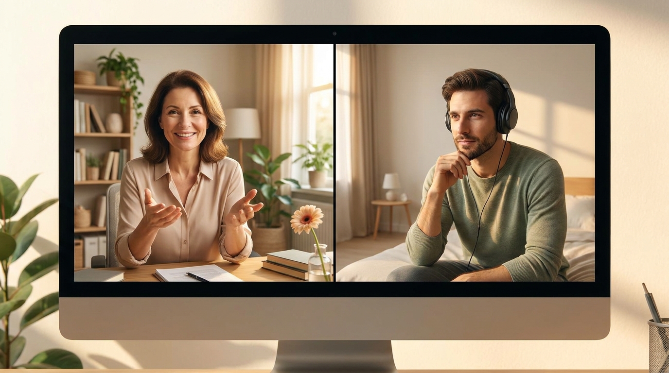 Психотерапевт проводит первую сессию с клиентом онлайн, объясняя подход