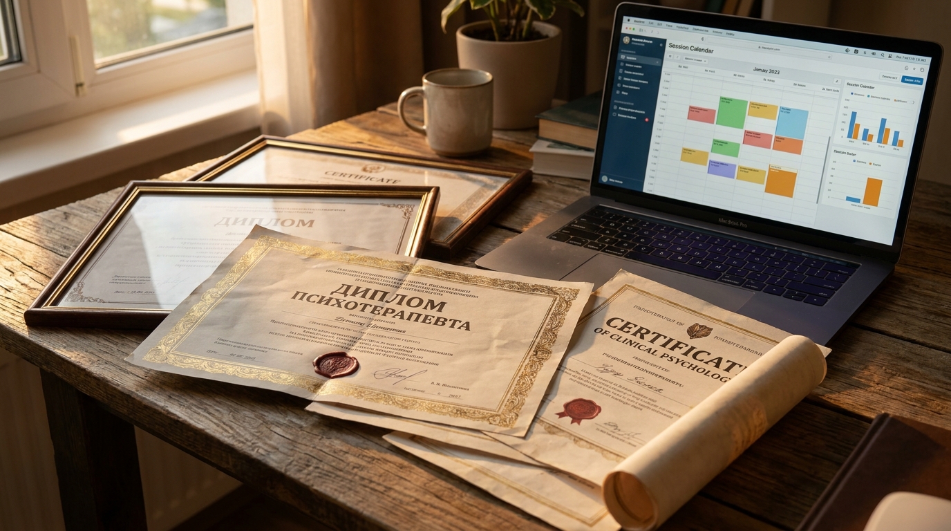 Крупный план дипломов и сертификатов психотерапевта на столе с ноутбуком