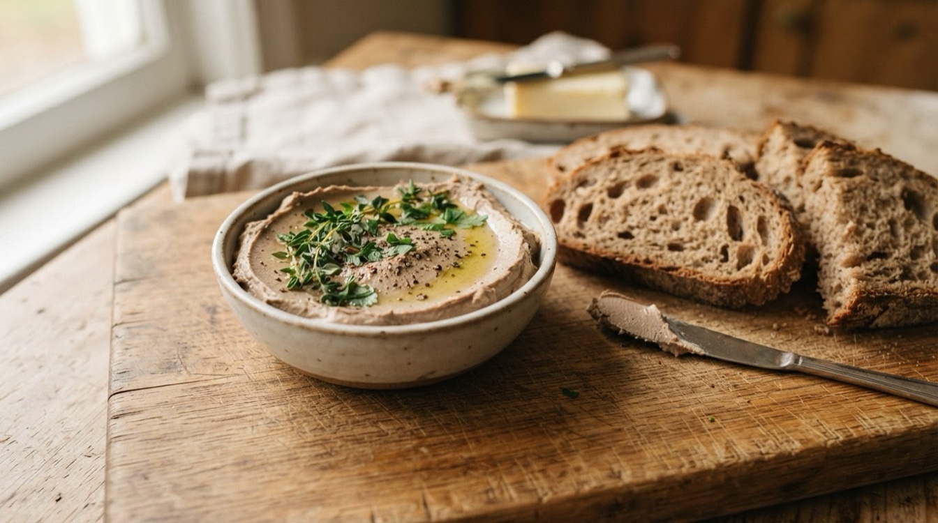паштет из куриной печени в миске с ломтиками цельнозернового хлеба