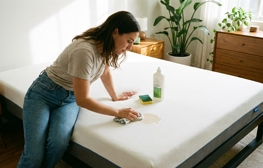 женщина чистит матрас